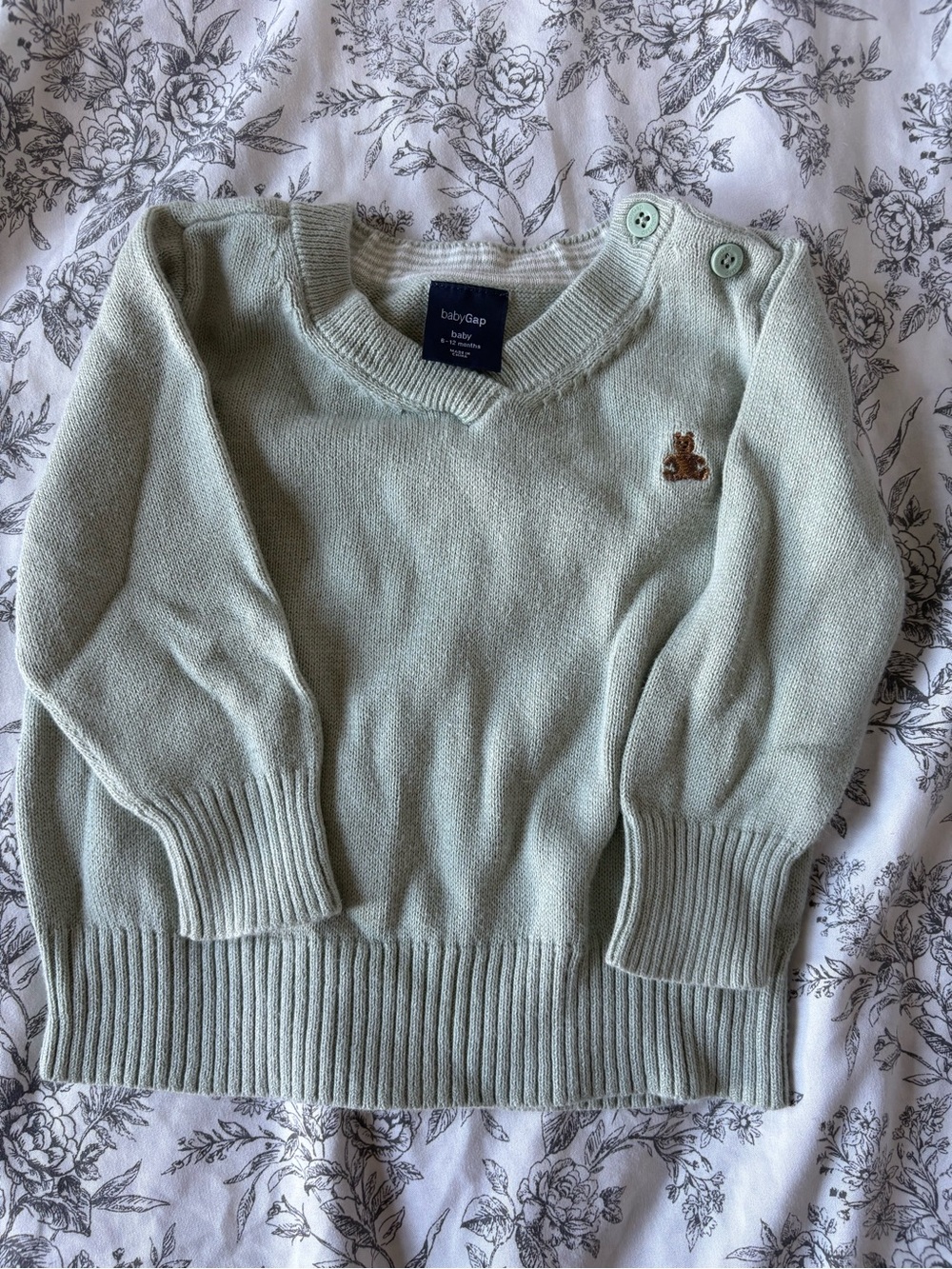 GAP Baby Light Sage V-Neck Sweater with Bear Accent